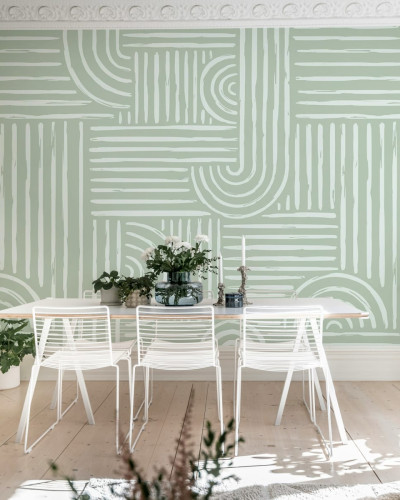 Tapet geometric abstract, Graphic Vaults, Green. Linii subtiri albe pe un fond verde deschis, pentru un aspect modern si minimalist.