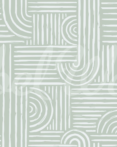 Tapet geometric abstract, Graphic Vaults, Green. Linii subtiri albe pe un fond verde deschis, pentru un aspect modern si minimalist.