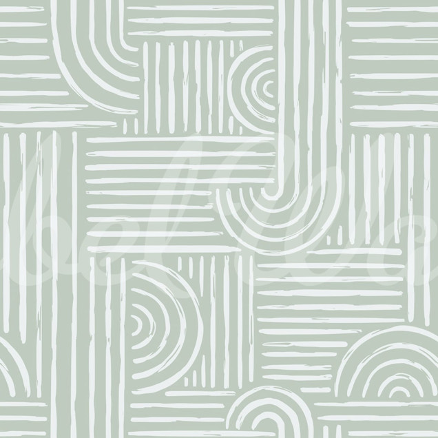 Tapet geometric abstract, Graphic Vaults, Green. Linii subtiri albe pe un fond verde deschis, pentru un aspect modern si minimalist.