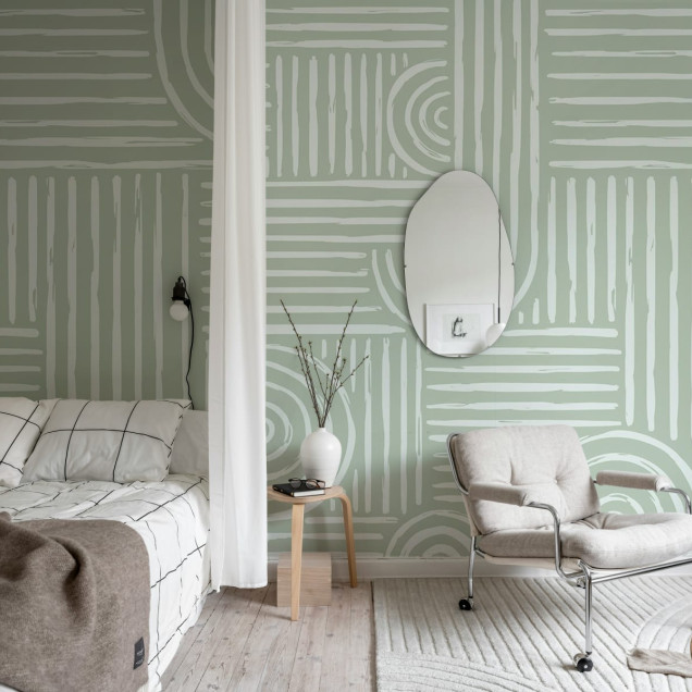 Tapet geometric abstract, Graphic Vaults, Green. Linii subtiri albe pe un fond verde deschis, pentru un aspect modern si minimalist.