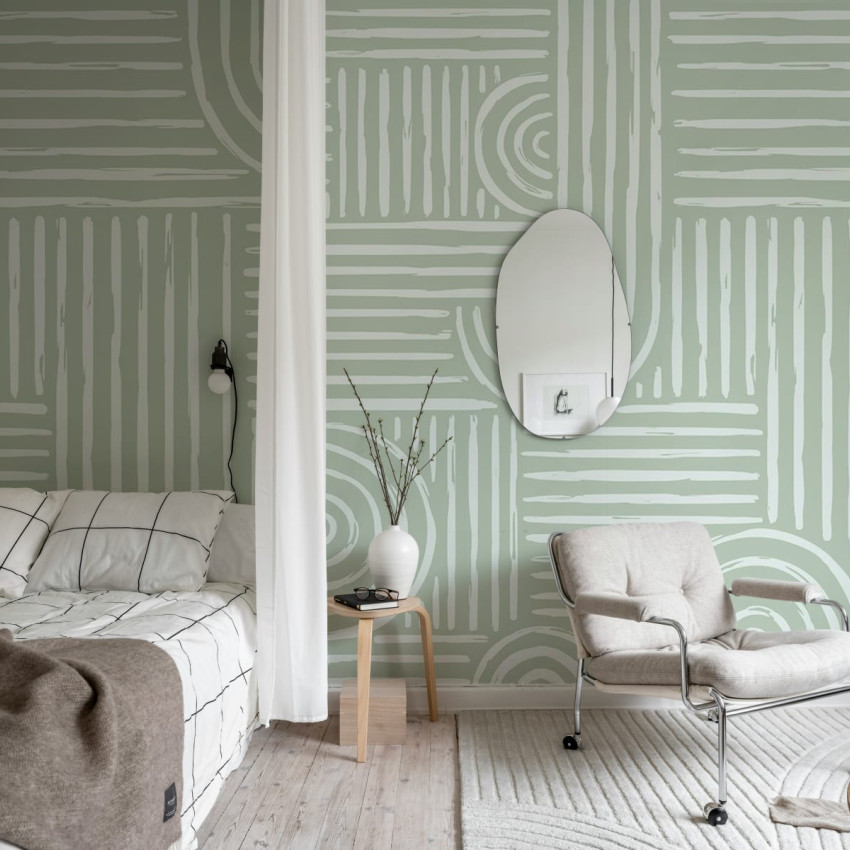Graphic Vaults, un tapet geometric modern cu linii curate și forme simple, în nuanțe de bej.