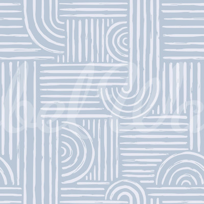 Tapet abstract cu linii geometrice albe pe un fundal albastru delicat. Tapetul este decorat într-un living modern.