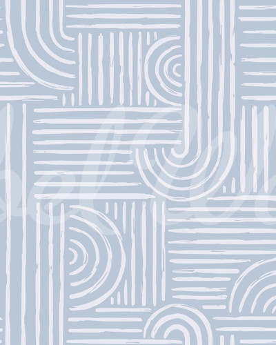 Tapet abstract cu linii geometrice albe pe un fundal albastru delicat. Tapetul este decorat într-un living modern.