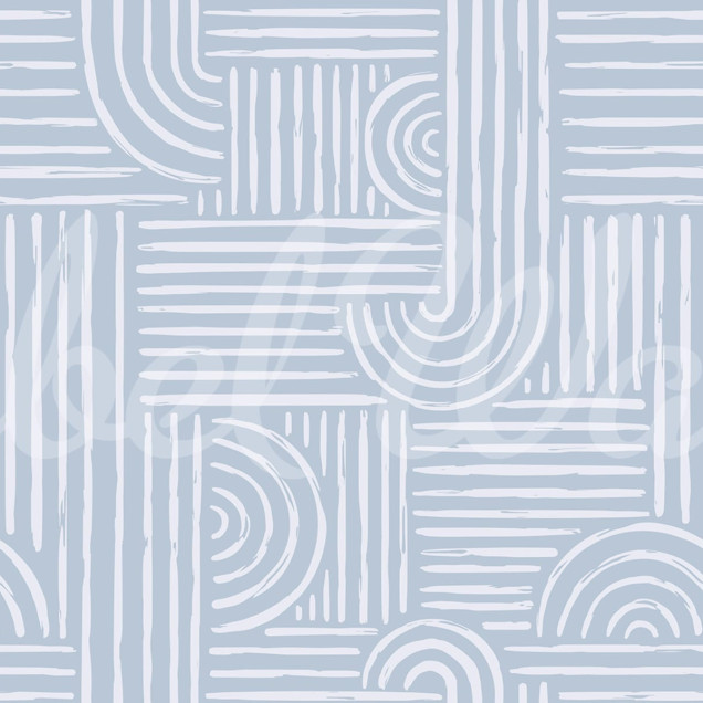 Tapet abstract cu linii geometrice albe pe un fundal albastru delicat. Tapetul este decorat într-un living modern.