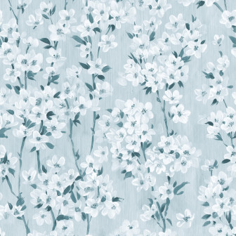 Dormitor decorat cu tapet floral cu flori de cireș albastre