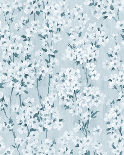 Dormitor decorat cu tapet floral cu flori de cireș albastre