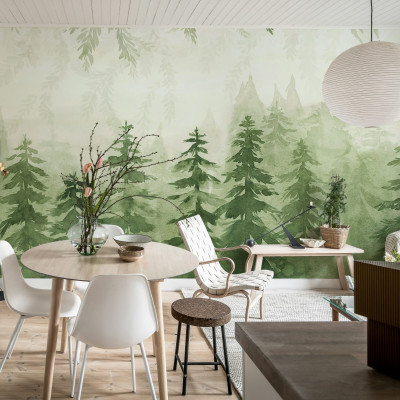 Tapet Watercolor Forest, Green, cu un design cu o pădure verde pictată în acuarelă