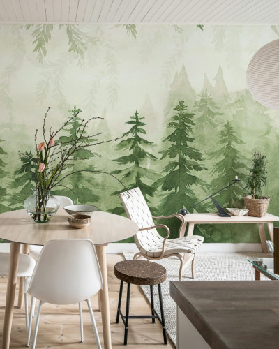 Tapet Watercolor Forest, Green, cu un design cu o pădure verde pictată în acuarelă