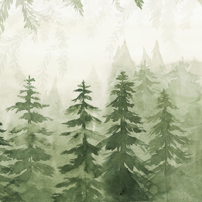 Tapet Watercolor Forest, Green, cu un design cu o pădure verde pictată în acuarelă