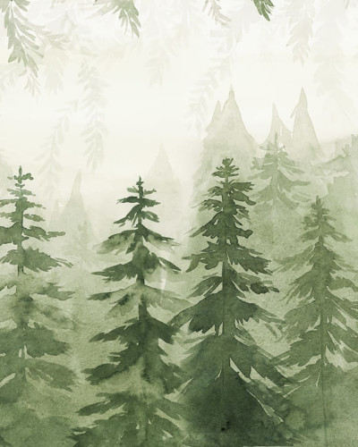 Tapet Watercolor Forest, Green, cu un design cu o pădure verde pictată în acuarelă