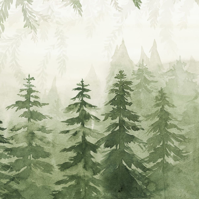 Tapet Watercolor Forest, Green, cu un design cu o pădure verde pictată în acuarelă
