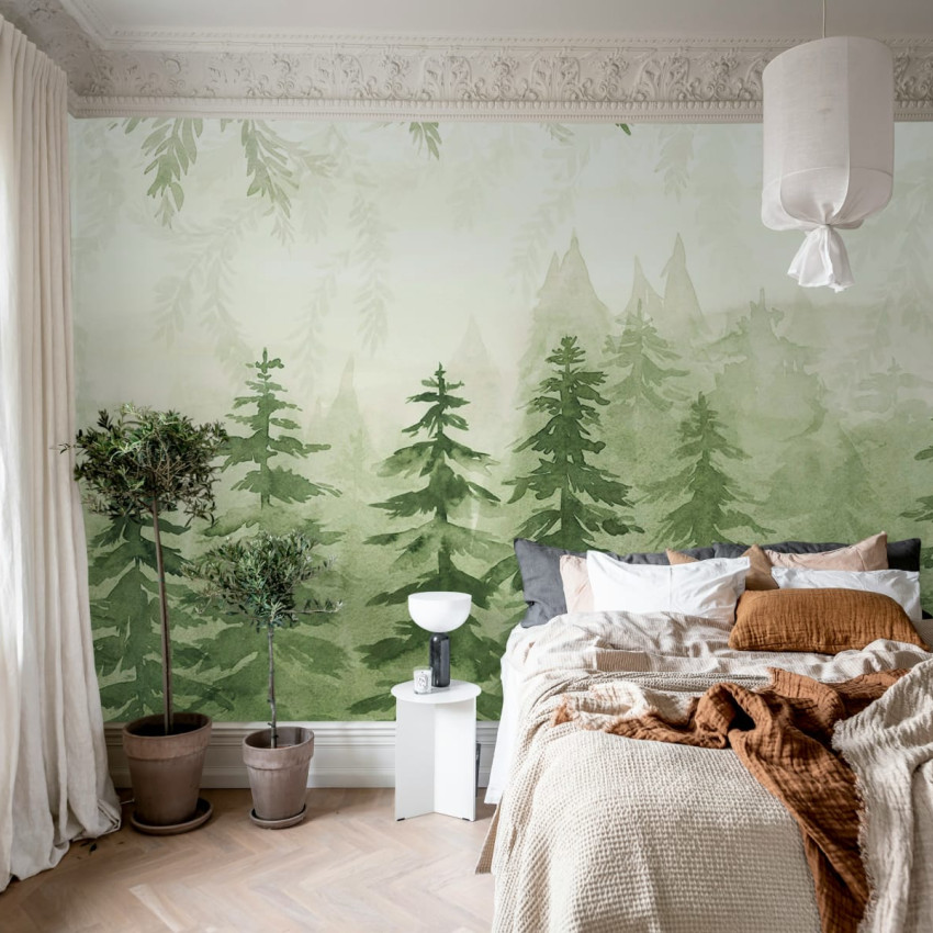 Tapet gri Watercolor Forest cu design delicat în acuarelă ce înfățișează o pădure.