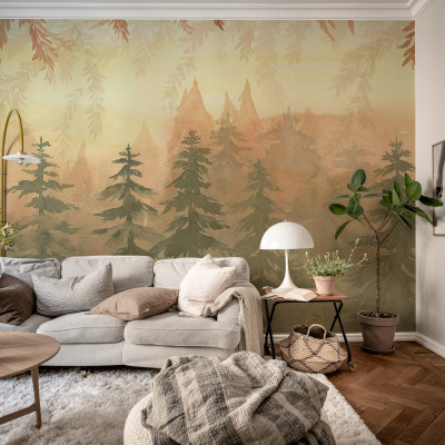 Imagine cu tapet Watercolor Forest, Dawn in livingul unei case