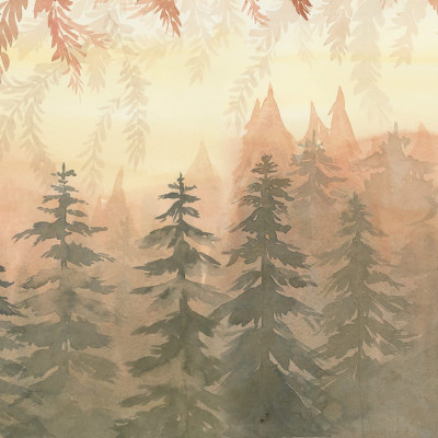 Imagine cu tapet Watercolor Forest, Dawn in livingul unei case