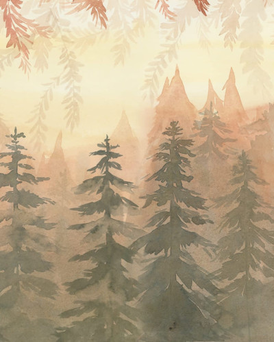 Imagine cu tapet Watercolor Forest, Dawn in livingul unei case