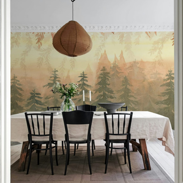 Imagine cu tapet Watercolor Forest, Dawn in livingul unei case