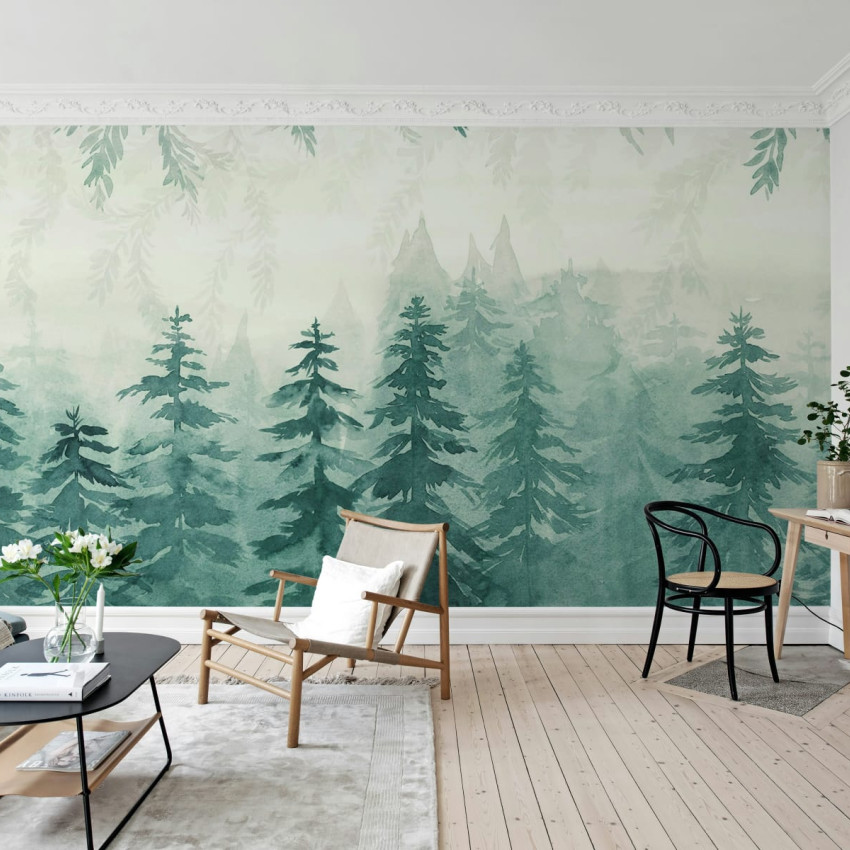 Imagine cu tapet Watercolor Forest, Dawn in livingul unei case