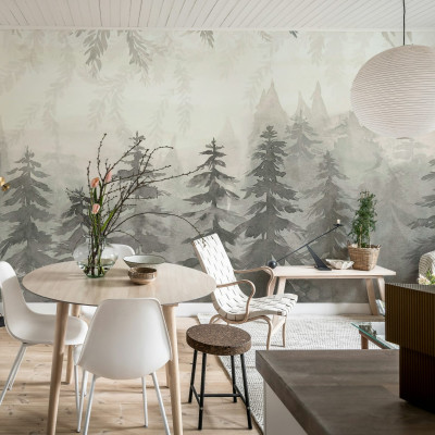 Tapet gri Watercolor Forest cu design delicat în acuarelă ce înfățișează o pădure.