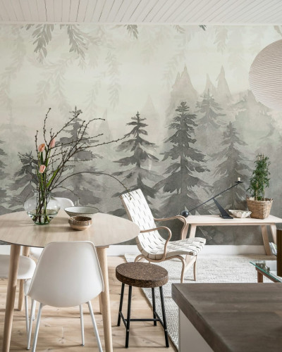 Tapet gri Watercolor Forest cu design delicat în acuarelă ce înfățișează o pădure.