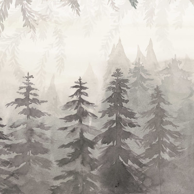 Tapet gri Watercolor Forest cu design delicat în acuarelă ce înfățișează o pădure.