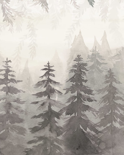 Tapet gri Watercolor Forest cu design delicat în acuarelă ce înfățișează o pădure.