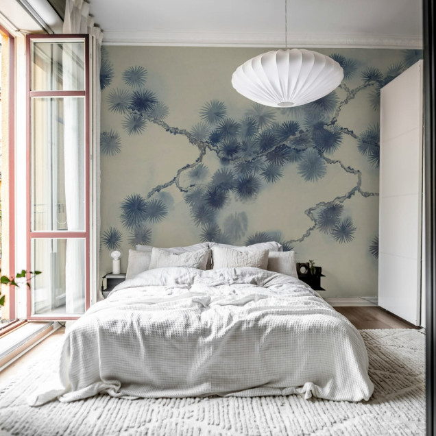 Tapet cu ramură de pin albastră, design minimalist, perfect pentru o bucătărie modernă