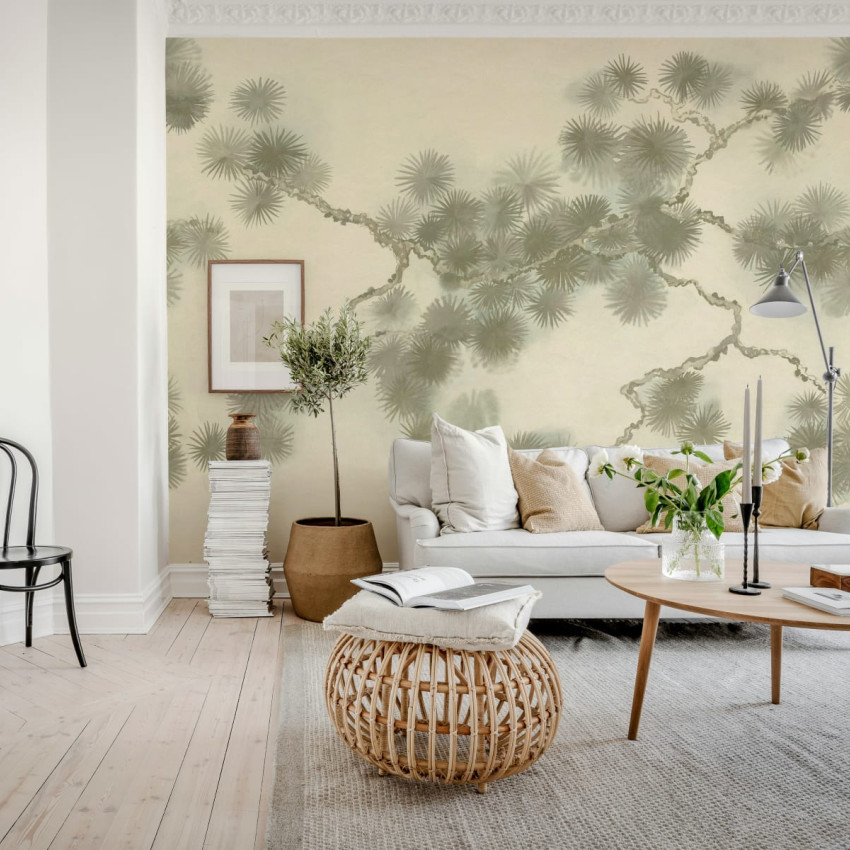 Tapet cu ramură de pin albastră, design minimalist, perfect pentru o bucătărie modernă