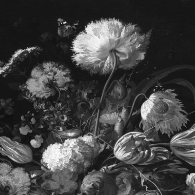 Tapet floral Bold Bouquet cu flori albe si negre pe fundal negru, ideal pentru living, dormitor sau birou.