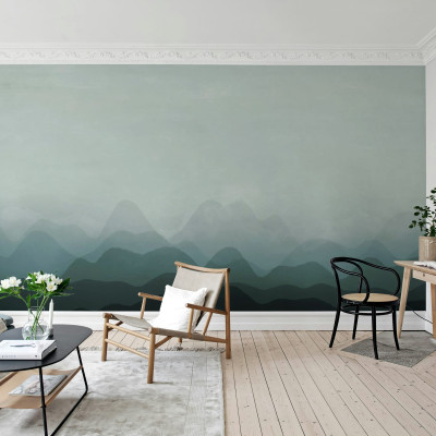 Tapet modern cu design abstract in nuante de albastru si verde, cu un aspect relaxant si linistit.