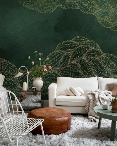 Tapet verde smarald cu puncte aurii în living modern