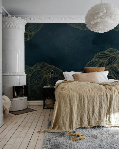 Dormitor decorat cu tapet bleumarin cu puncte aurii