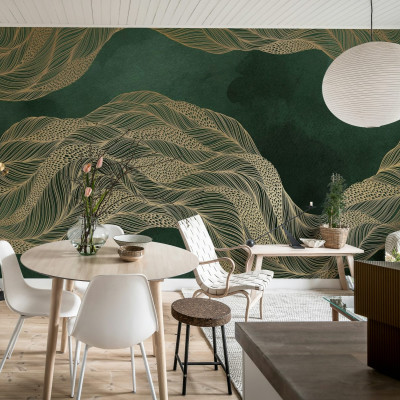 Opulence Flow, Jade, un tapet 3D cu un design complex și sofisticat, ce combină nuanțe de verde smarald și auriu.