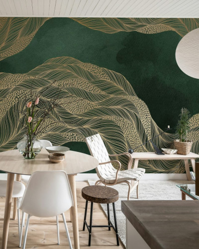 Opulence Flow, Jade, un tapet 3D cu un design complex și sofisticat, ce combină nuanțe de verde smarald și auriu.
