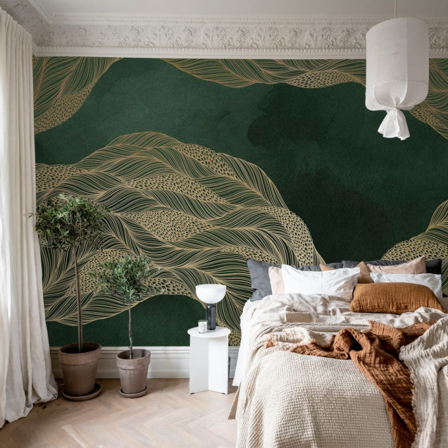 Opulence Flow, Jade, un tapet 3D cu un design complex și sofisticat, ce combină nuanțe de verde smarald și auriu.