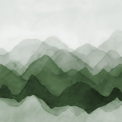 Tapet Watercolor Mountain, Green, cu design de acuarelă, prezintă munți verzi luxuriante, creând o atmosferă relaxantă și liniștitoare.
