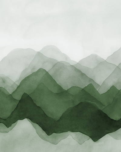 Tapet Watercolor Mountain, Green, cu design de acuarelă, prezintă munți verzi luxuriante, creând o atmosferă relaxantă și liniștitoare.