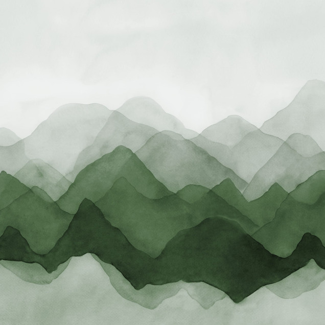 Tapet Watercolor Mountain, Green, cu design de acuarelă, prezintă munți verzi luxuriante, creând o atmosferă relaxantă și liniștitoare.