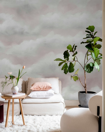 Tapet cu design abstract de nori roz pal, perfect pentru o atmosferă modernă și relaxantă în orice cameră.