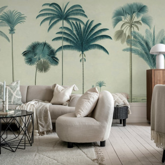 Tapet cu palme vintage albastre într-un living elegant