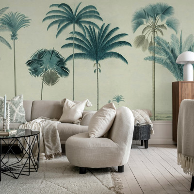 Tapet cu palme vintage albastre într-un living elegant