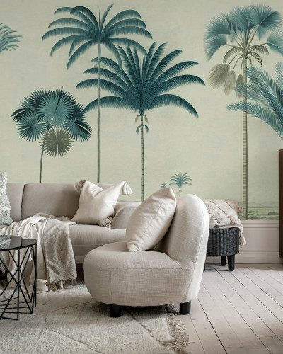 Tapet cu palme vintage albastre într-un living elegant