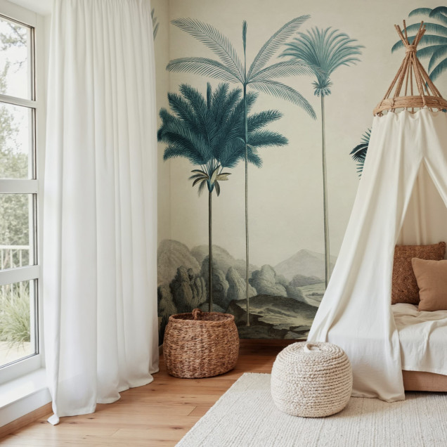 Tapet cu palme vintage albastre într-un living elegant