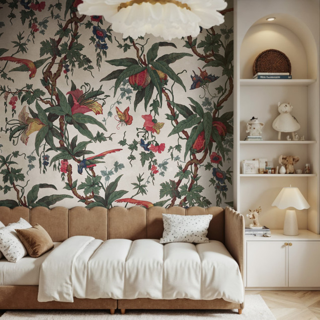 Tapet vintage cu motiv natură într-un living elegant