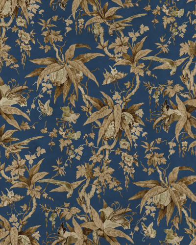 Tapet floral elegant pe fond albastru în living