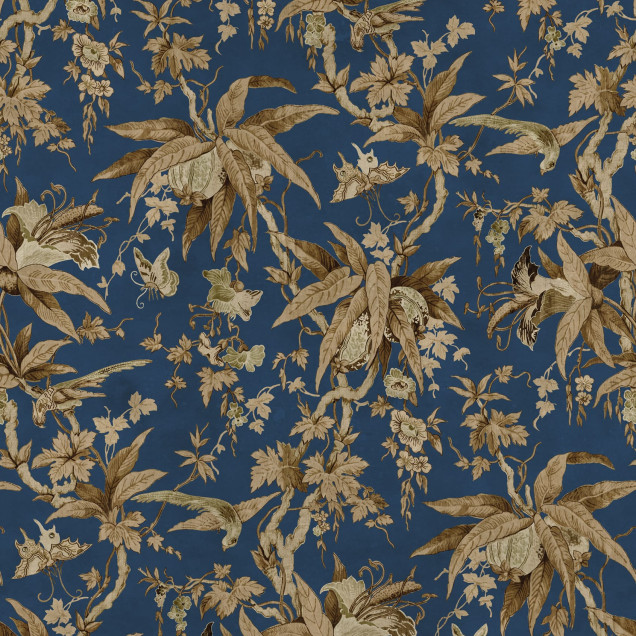 Tapet floral elegant pe fond albastru în living