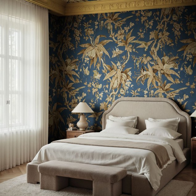 Tapet floral elegant pe fond albastru în living
