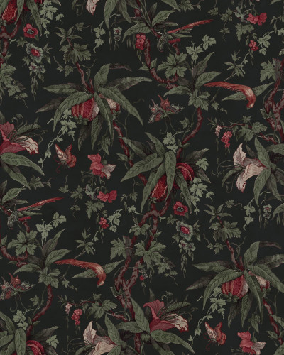 Bucătărie elegantă cu tapet floral și vegetal pe fond negru