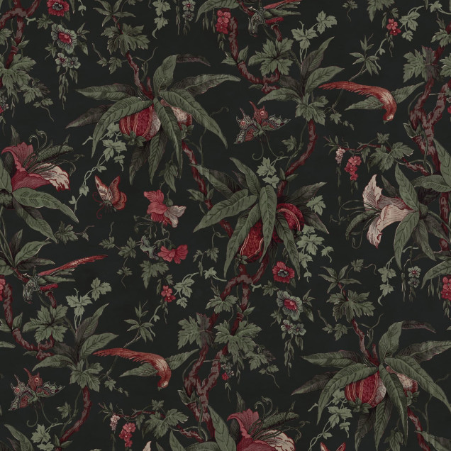 Bucătărie elegantă cu tapet floral și vegetal pe fond negru