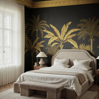 Tapet decorativ cu palmiers aurii pe fundal negru într-un dormitor elegant