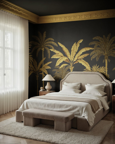 Tapet decorativ cu palmiers aurii pe fundal negru într-un dormitor elegant